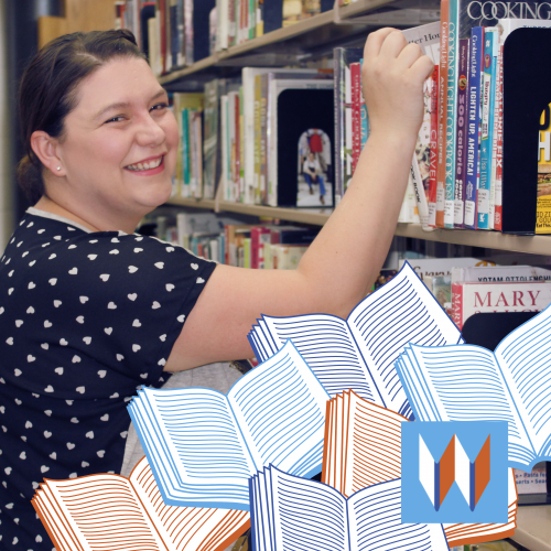 Garfield Branch Manager, Sarah, Stands In Front Of Library Shelves, Surrounded By Hand Drawn Cartoons Of Books.