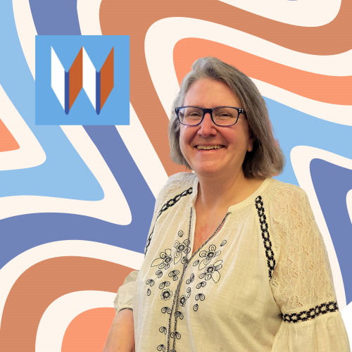 Our Oakesdale Branch Manager, Marianne, Posing In Front Of Swirls Of Orange And Blue.