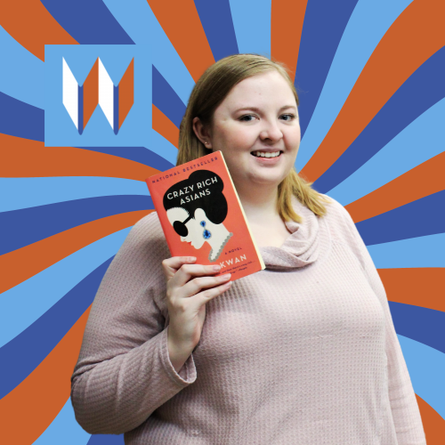 Hannah, A Beloved Colfax Branch Librarian, Poses In Front Of Orange And Blue Swirls With A Book.
