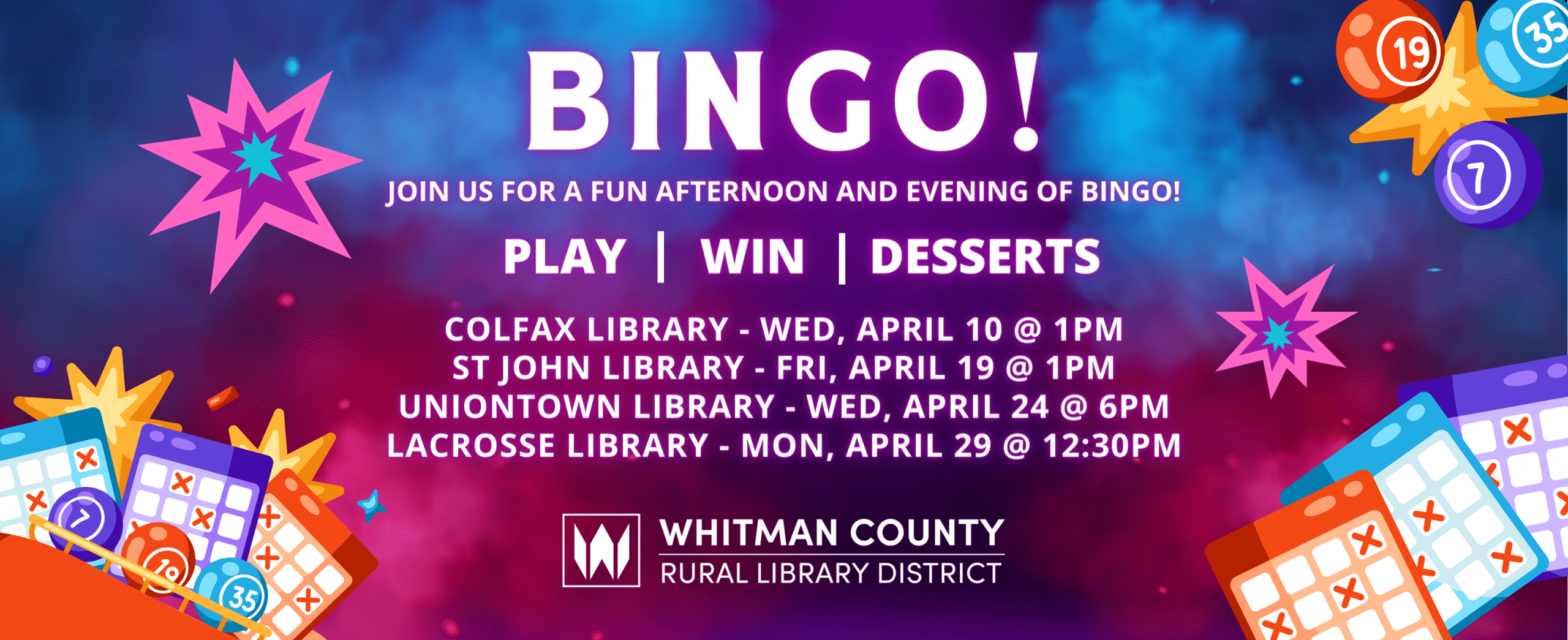 Don't miss all of the BINGO fun that will be happening across the county with WCL this month! Colfax, St. John, Uniontown, and LaCrosse libraries are all offering programs. Click here for details. 