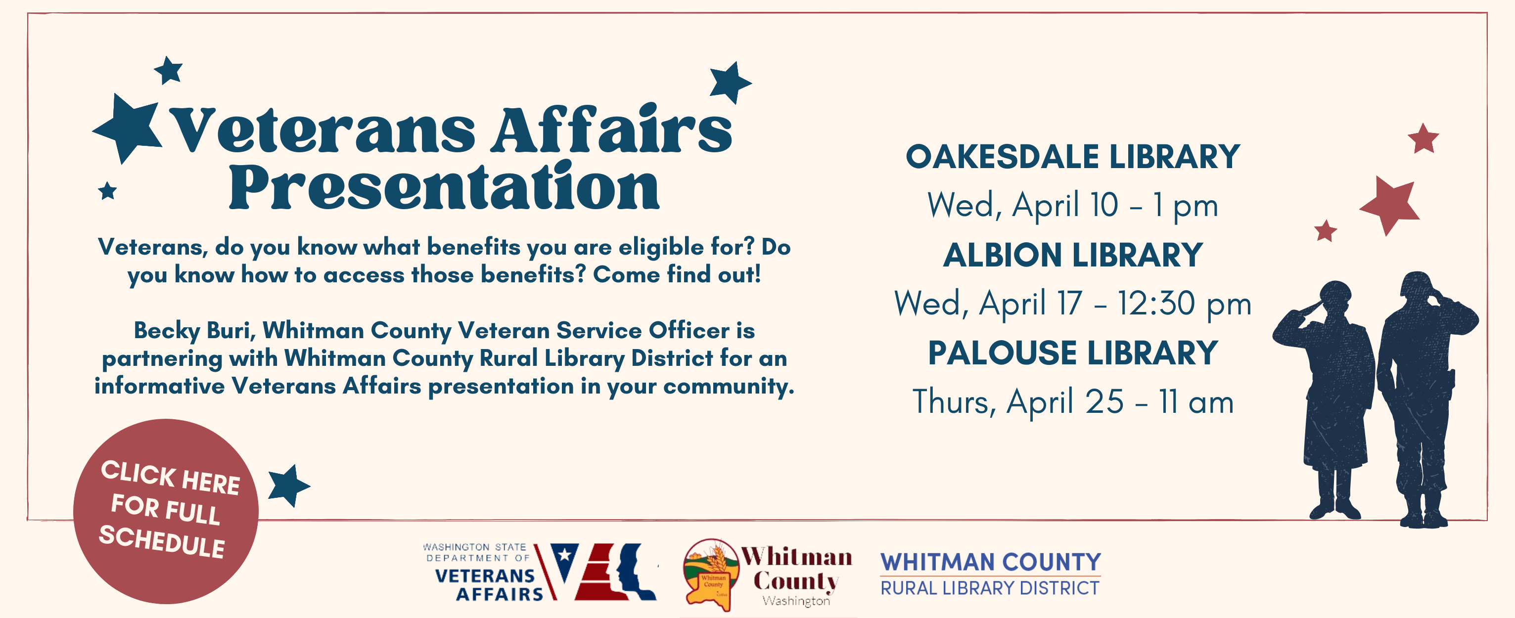 Becky Buri, Whitman County Veteran Service Officer is partnering with Whitman County Rural Library District for an informative Veterans Affairs presentation in your community. Click here for the full schedule of her tour.