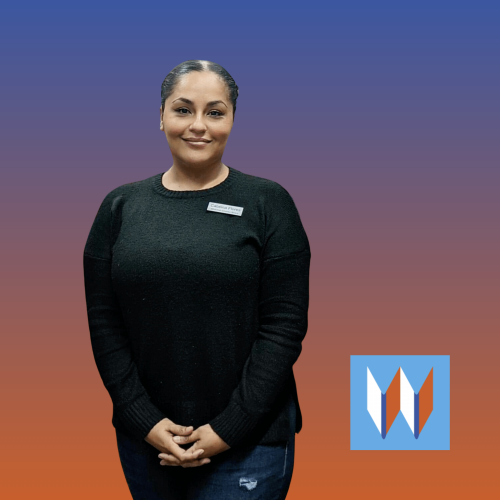 Catalina, Our Public Services Manager, Poses In Front Of A Dark Blue And Orange Gradient Background.