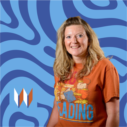 Nichole, Our STEAM And Teen Librarian, Stands In Front Of A Swirling Blue Background.