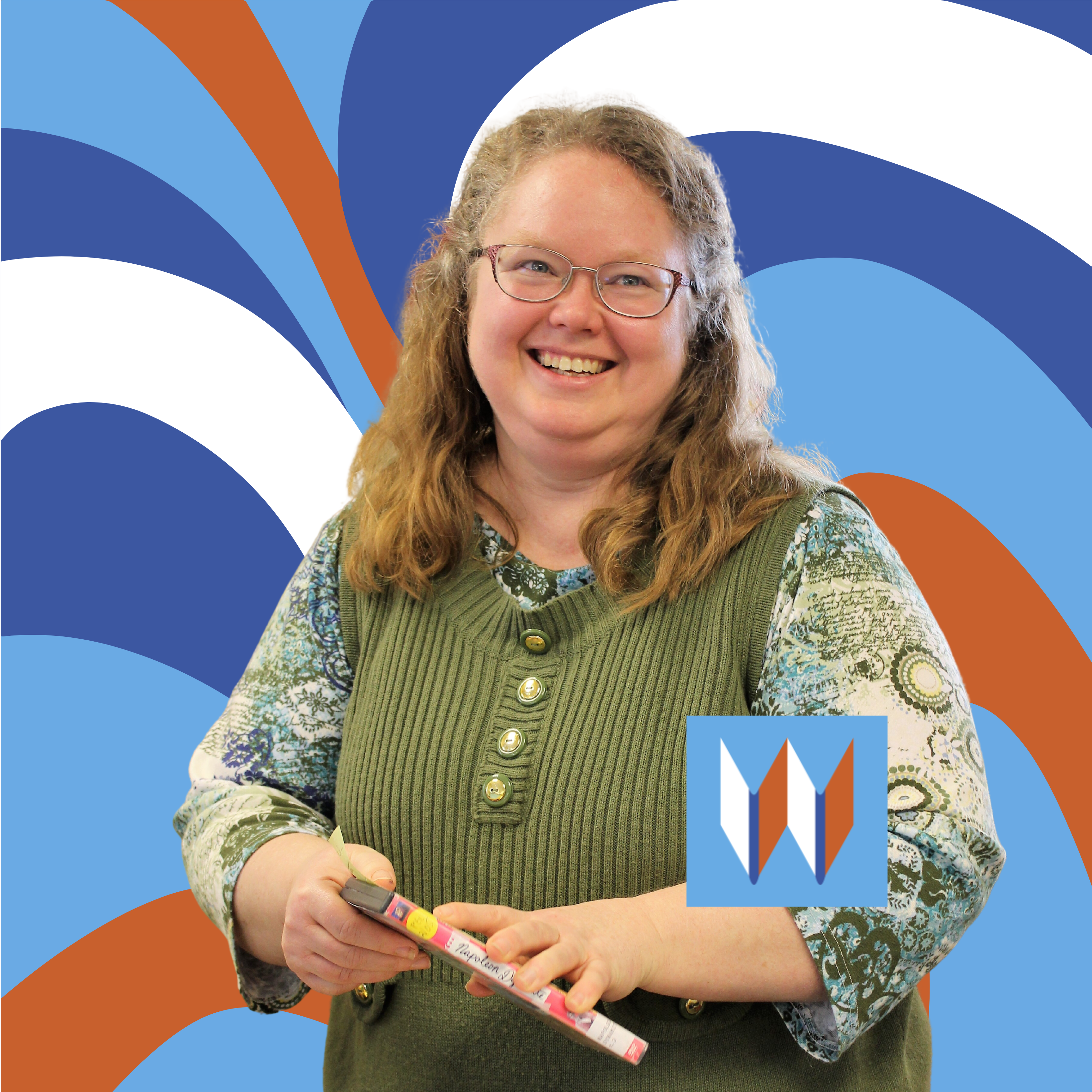 Marcy, our Rosalia branch manager, poses in front of orange, white, and blue swirls.