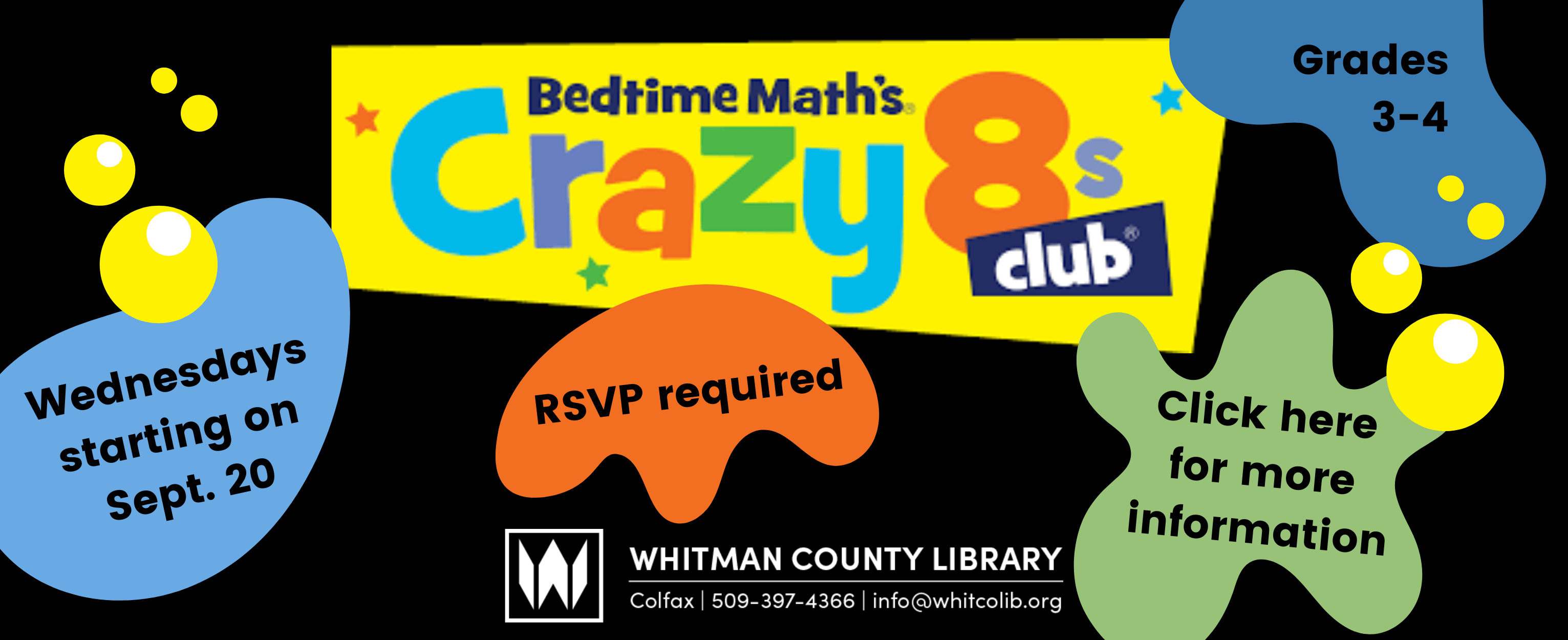 RSVP for Crazy 8's Math Club today! Every Wednesday beginning on Sept. 20 and for kids grades 3-4.
