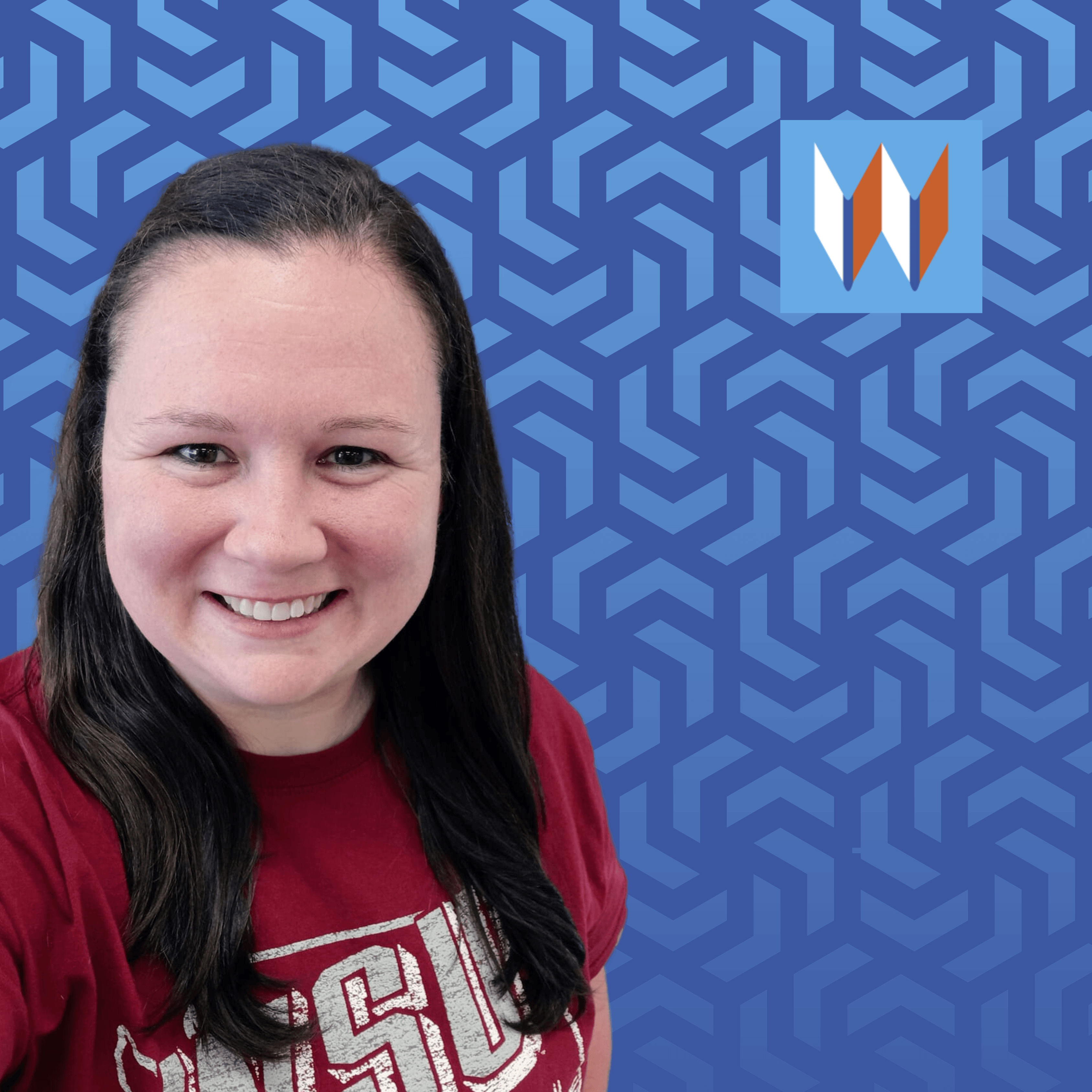 Uniontown branch manager, Katie, poses in front of a blue gradient spiral background.
