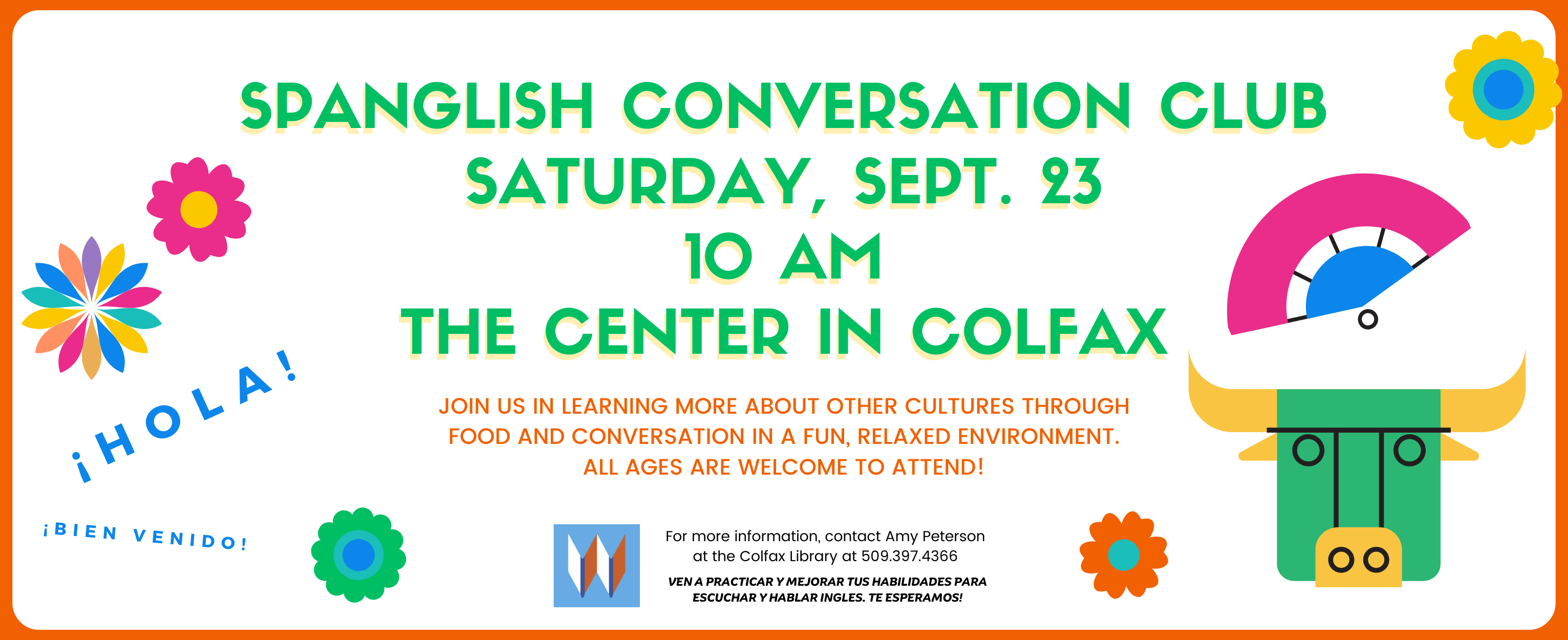 Spanglish Club at the Colfax Library! Saturday, Sept. 23 at 10:00 AM in the Center.