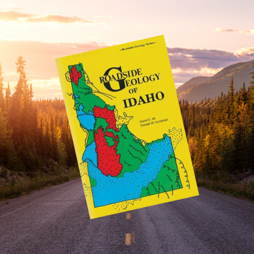 Click here to see our Fall Road Trip recommendations. In this image, the book Roadside Geology of Idaho is pictured in front of a fall highway scene.
