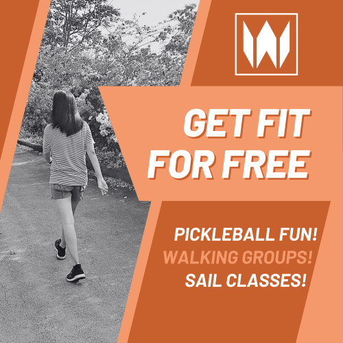 A Black And White Image Of A Person Taking A Walk Is Surrounded By Orange And White Text Reading "Get Fit For Free With Pickleball, Walking Groups, And SAIL Classes Across The County!